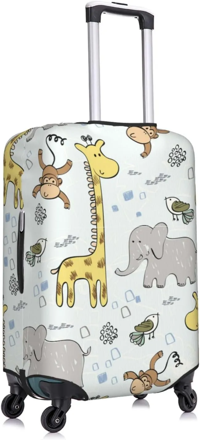 Travel Luggage Cover Suitcase Elastic Washable Stretch Sweet Baby Giraffe Elephant Bird Monkey Doodle Suitcase Protector Bag,Anti-Scratch Spandex Double-Sided Baggage Covers,Large