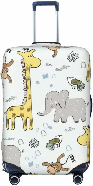 Travel Luggage Cover Suitcase Elastic Washable Stretch Sweet Baby Giraffe Elephant Bird Monkey Doodle Suitcase Protector Bag,Anti-Scratch Spandex Double-Sided Baggage Covers,Large