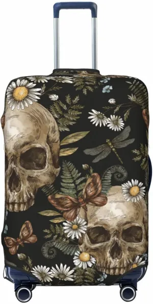 Travel Luggage Cover Suitcase Elastic Washable Stretch Vintage Floral Skull Leaves Gothic Suitcase Protector Bag,Anti-Scratch Spandex Double-Sided Baggage Covers For Wheeled Suitcase Kid Adult