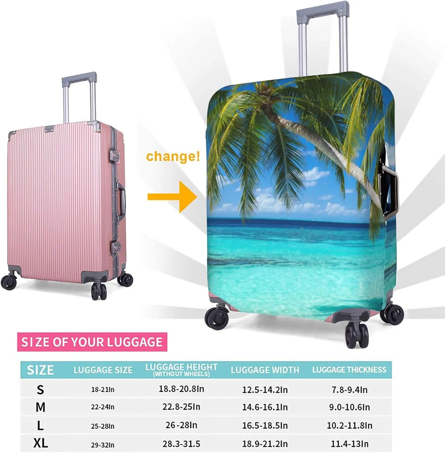 Travel Luggage Cover Suitcase Protector, Tropical Beach Palm Tree Washable Elastic Suitcase Baggage Cover Anti-scratch Double-sided with Zipper Closure for Wheeled Suitcase Fits 18-21 Inch Luggage