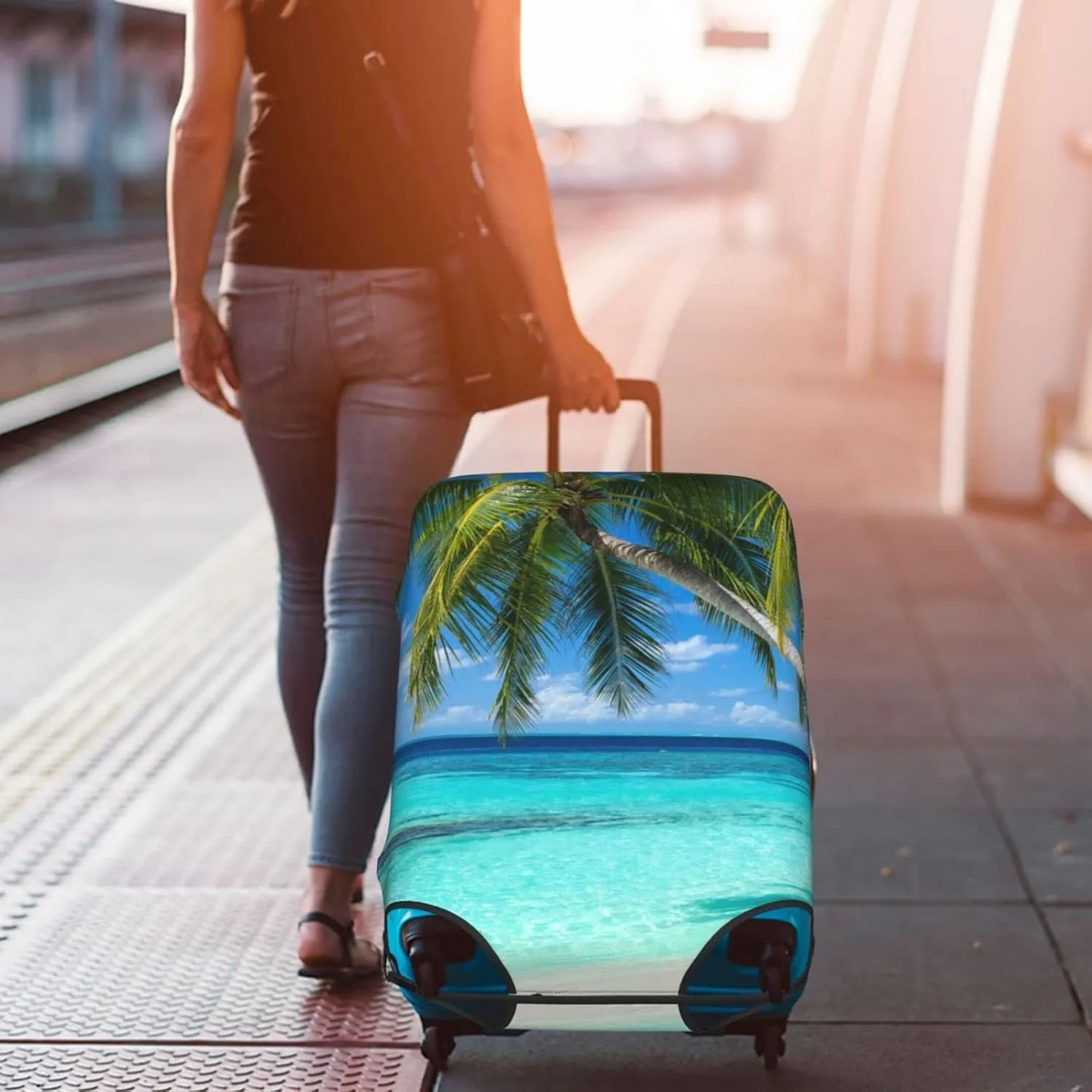 Travel Luggage Cover Suitcase Protector, Tropical Beach Palm Tree Washable Elastic Suitcase Baggage Cover Anti-scratch Double-sided with Zipper Closure for Wheeled Suitcase Fits 18-21 Inch Luggage