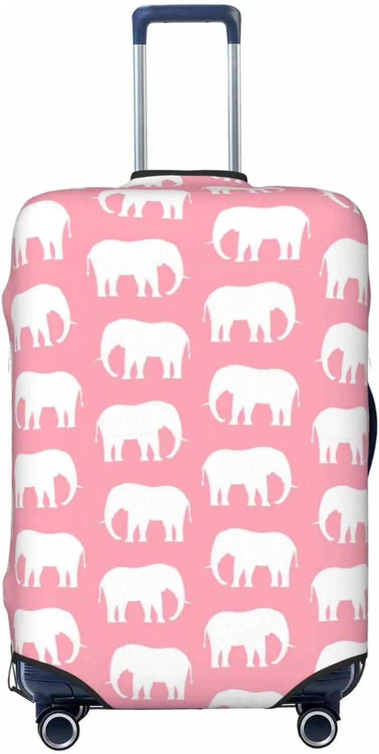 Travel Luggage Cover Suitcase Stretch Washable African Animal Elephants White Pink Suitcase Protector Bag,Spandex With Zipper Closure Baggage Covers,Medium
