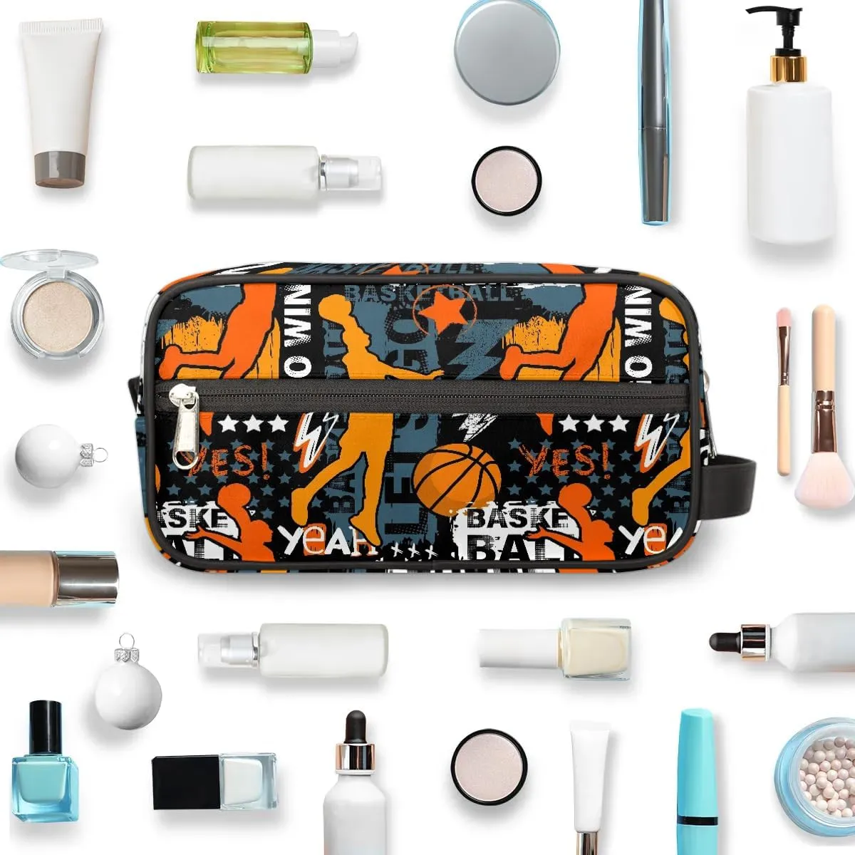 Travel Toiletry Bag for Boys Kids, Basketball Waterproof Hanging Dopp Kit for Teens Men, Cool Carrying Case Compatible with Nintendo Switch and New Switch OLED Console