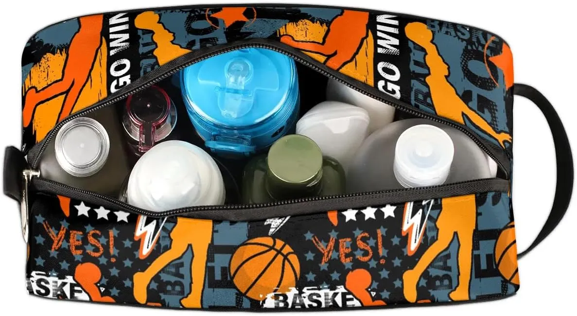 Travel Toiletry Bag for Boys Kids, Basketball Waterproof Hanging Dopp Kit for Teens Men, Cool Carrying Case Compatible with Nintendo Switch and New Switch OLED Console