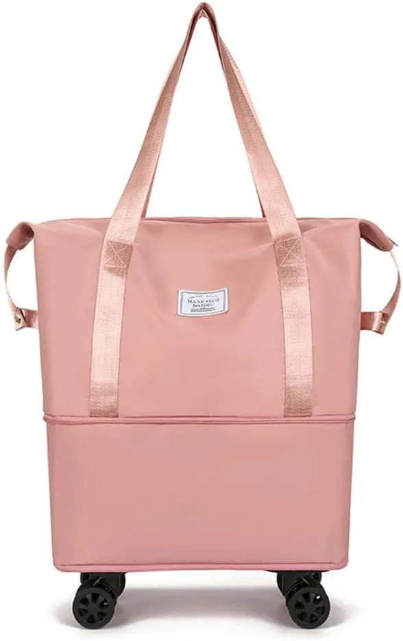 Travel Tote Bags with Trolley Sleeve Expandable Extra Waterproof Oxford Duffel Bag with Wheels (Pink, 1 Layer Expansion)