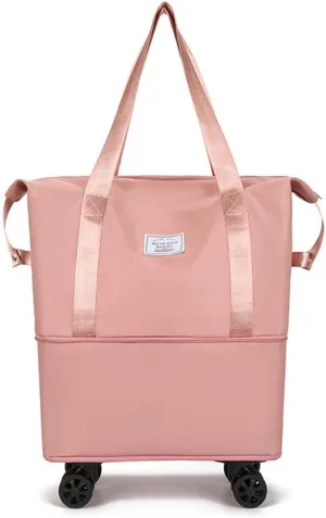 Travel Tote Bags with Trolley Sleeve Expandable Extra Waterproof Oxford Duffel Bag with Wheels (Pink, 1 Layer Expansion)