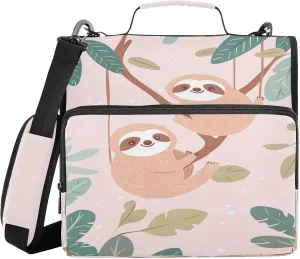 Tropical Sloth Green Leaves 3 Ring Zipper Binder with Shoulder Strap Portfolio Organizer for Business School Work Document Storage