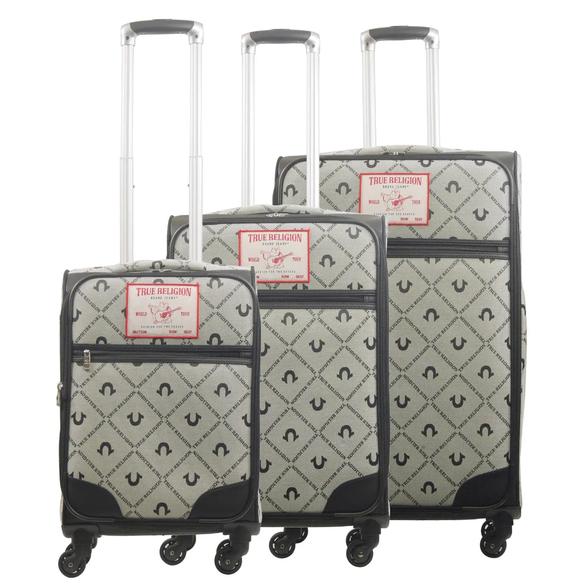 True Religion Grey 3-Piece Soft Sided Monogram Spinner Luggage Set