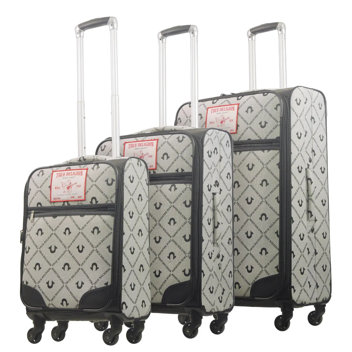True Religion Grey 3-Piece Soft Sided Monogram Spinner Luggage Set