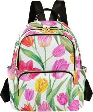 Tulips Flower White Backpack Purse for Women Ladies Satchel Bags with Anti-theft Back for College Hiking S