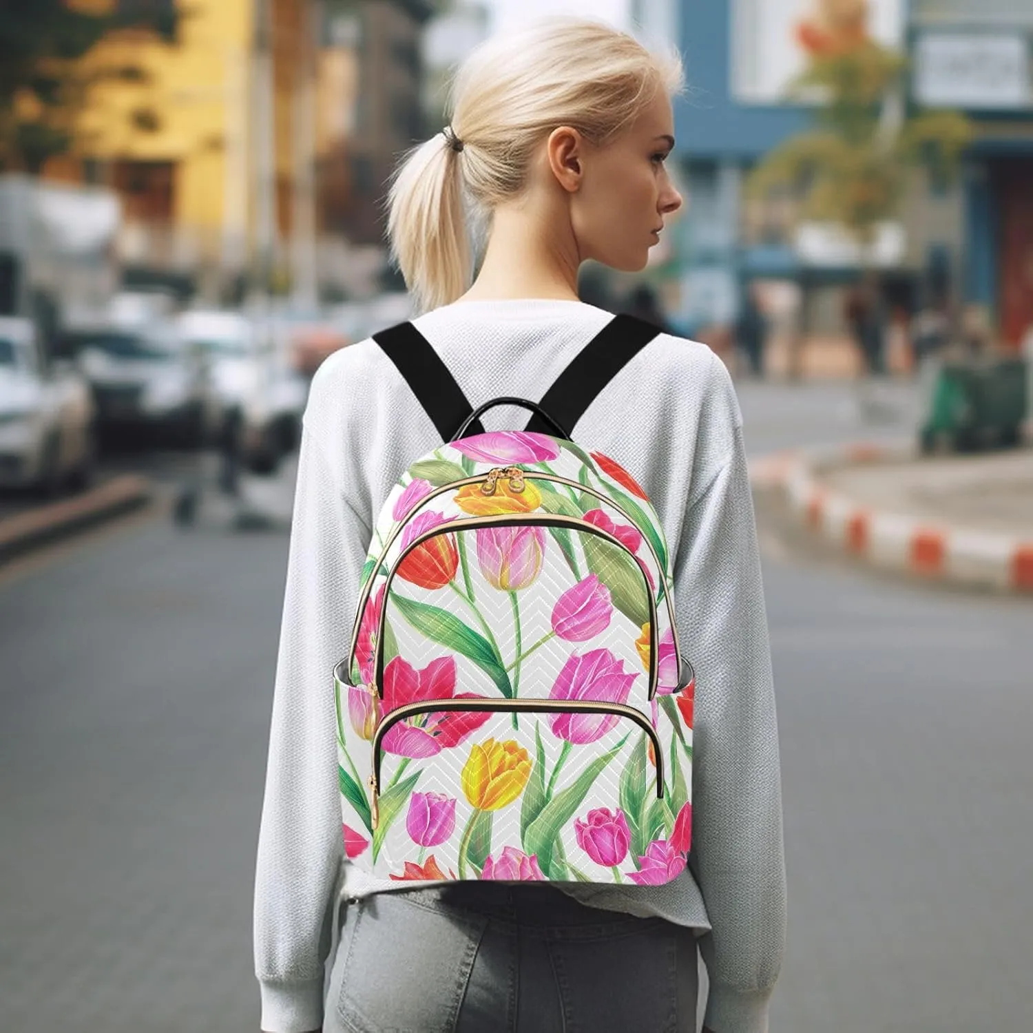 Tulips Flower White Backpack Purse for Women Ladies Satchel Bags with Anti-theft Back for College Hiking S