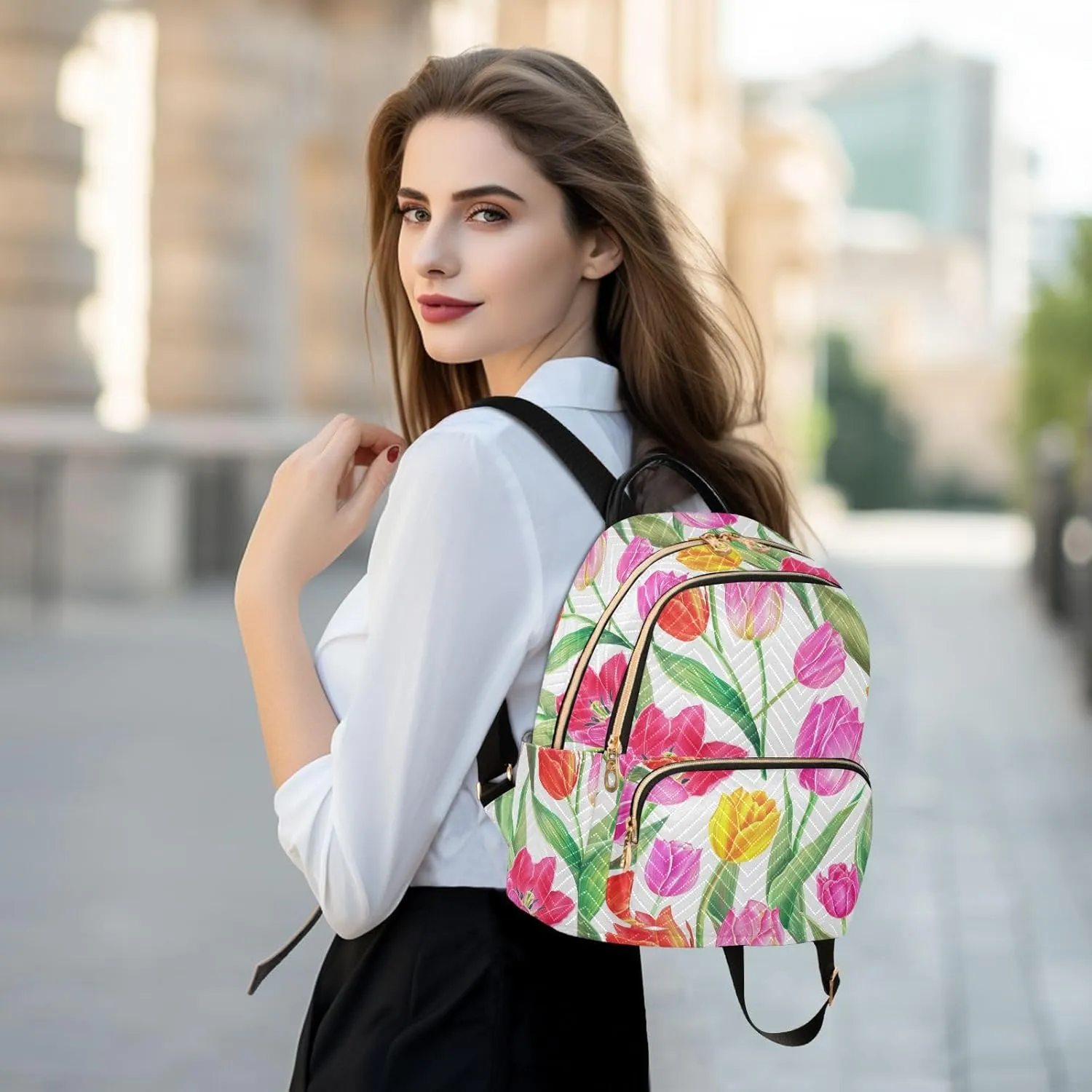 Tulips Flower White Backpack Purse for Women Ladies Satchel Bags with Anti-theft Back for College Hiking S