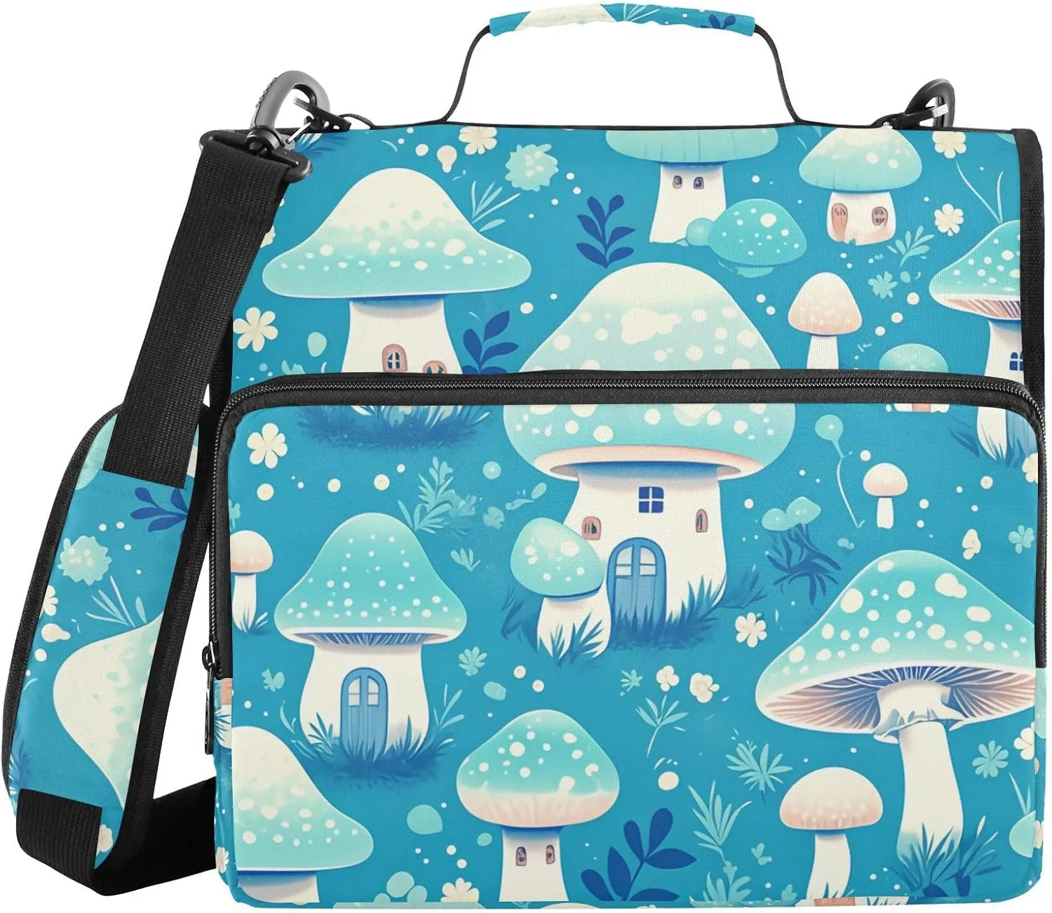 Turquoise Mushroom Houses 1.5 Inch 3 Rings Zippered Binder Bag with Shoulder Strap & Handle Waterproof Portfolios Portfolio Organizer for School/Office