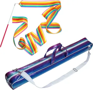 Twirling Baton Bag Case with Shoulder Strap - 30 inch (78cm) Rainbow Sparkle Case for Majorette Marching Band, Gymnastics Carry bag - Complete with Rainbow Dance Ribbon Streamer