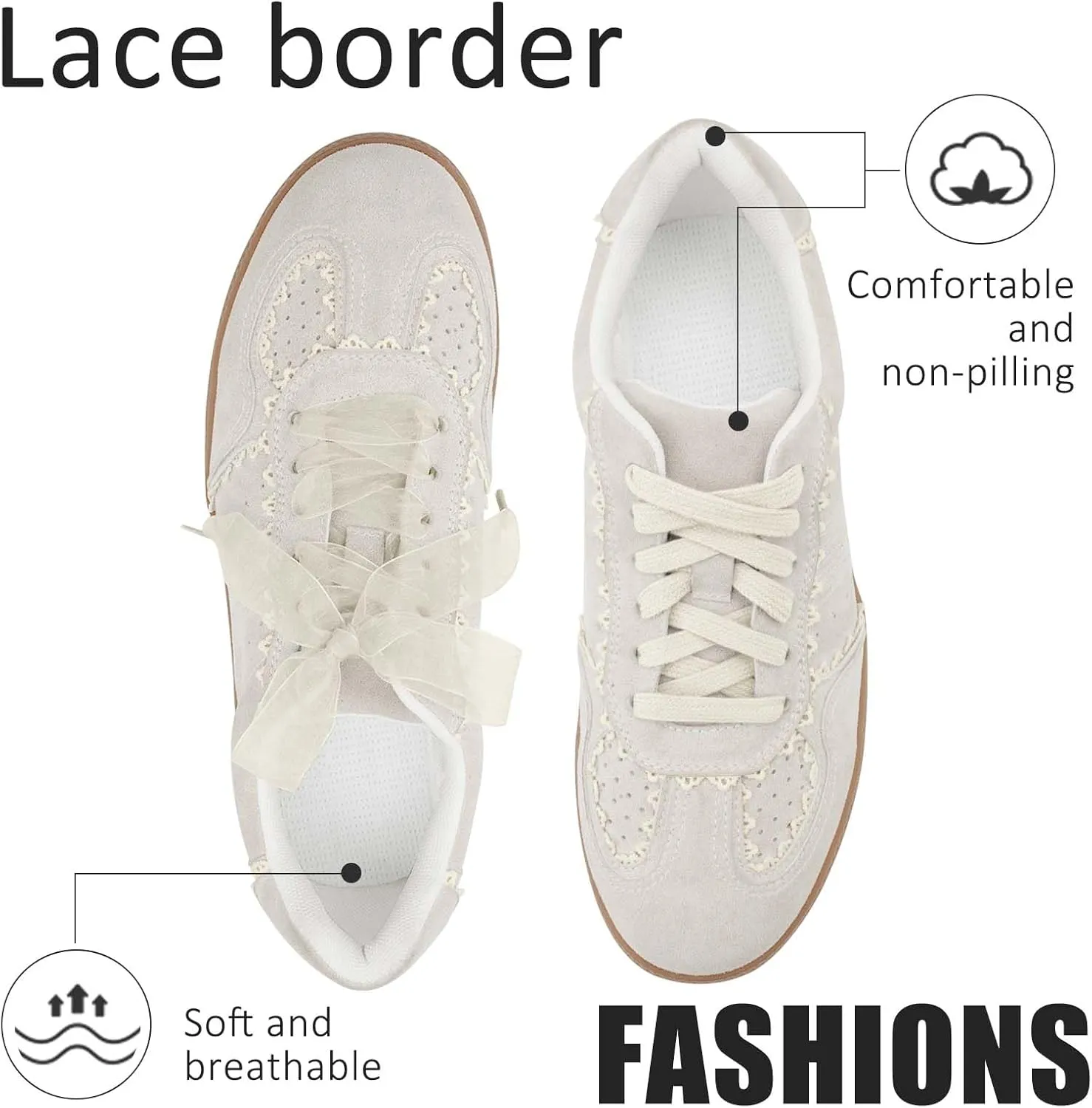 UBWDU Lace Fashion Ballet Sneakers for Women 2025 – Trendy Cute Crochet Ribbon Lace-Up Casual Spring Shoes