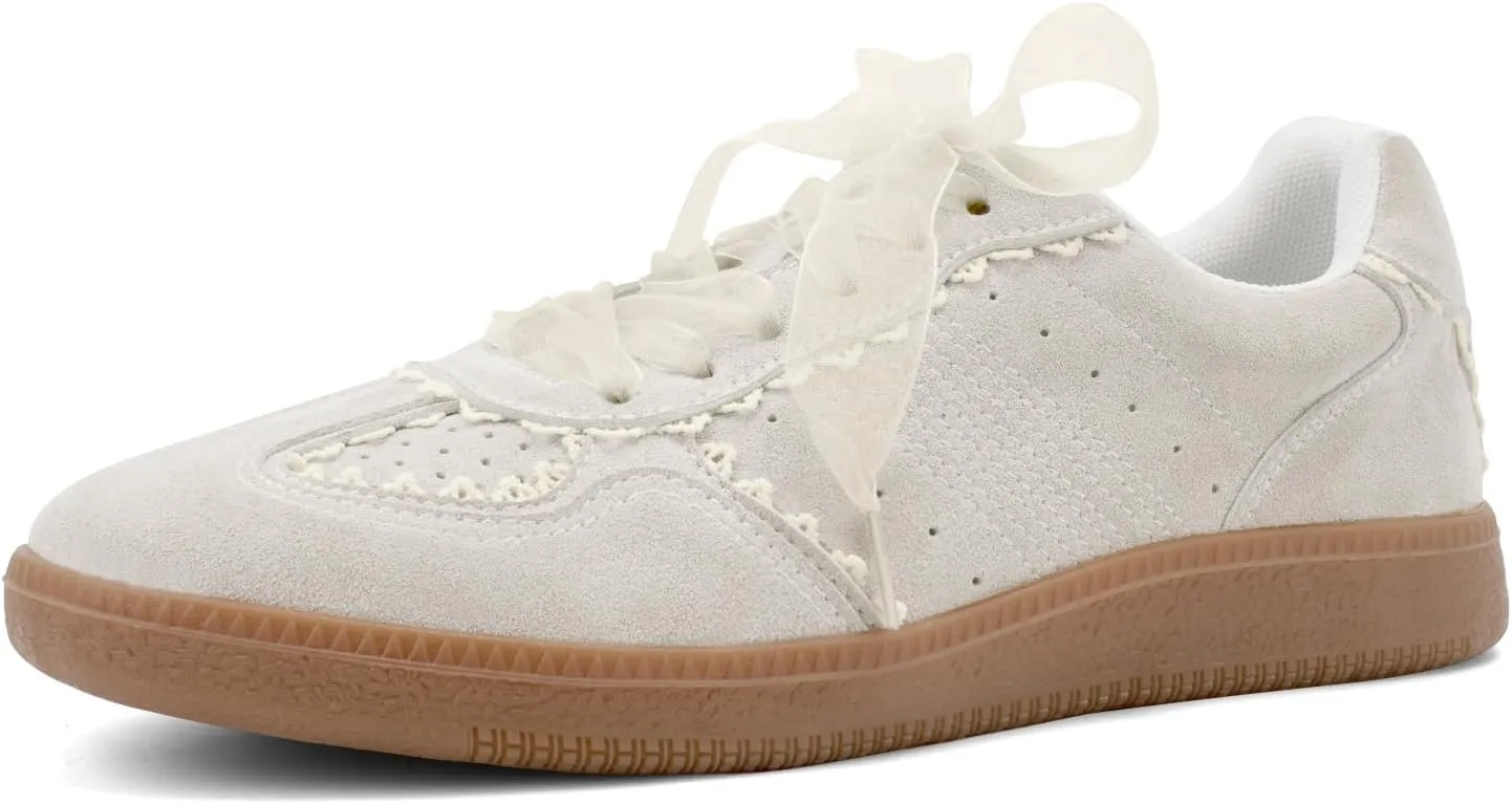 UBWDU Lace Fashion Ballet Sneakers for Women 2025 – Trendy Cute Crochet Ribbon Lace-Up Casual Spring Shoes