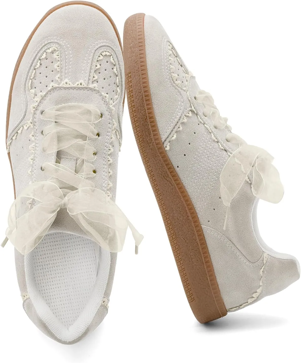 UBWDU Lace Fashion Ballet Sneakers for Women 2025 – Trendy Cute Crochet Ribbon Lace-Up Casual Spring Shoes
