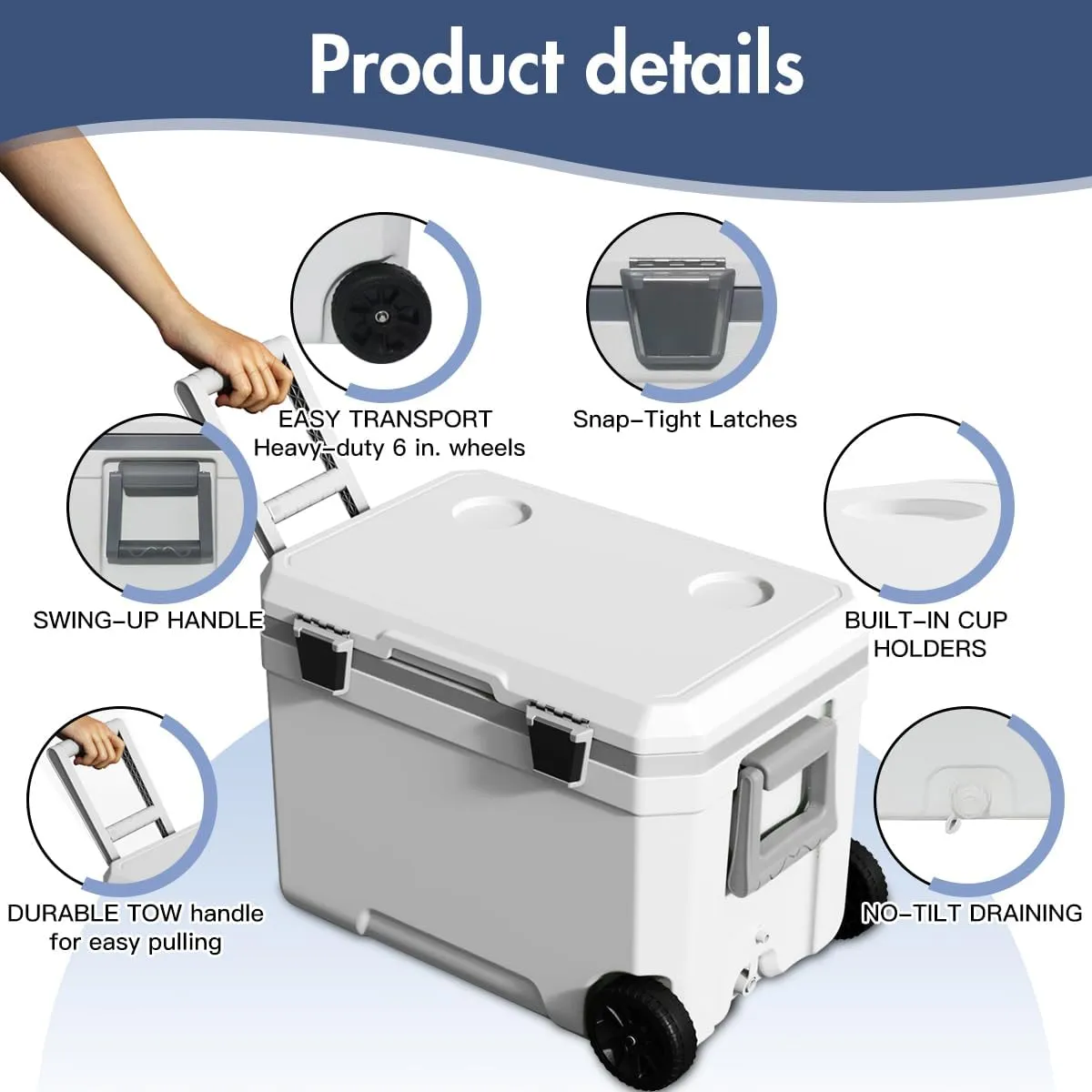 Ultra-Light Wheelded Cooler Insulated Portable Ice Chest 47.5 Quarts for Beach, Beverage, Camping, Beverage, Picnic, Fishing, Boat, Barbecue, 30% Lighter Than Romolded Colers