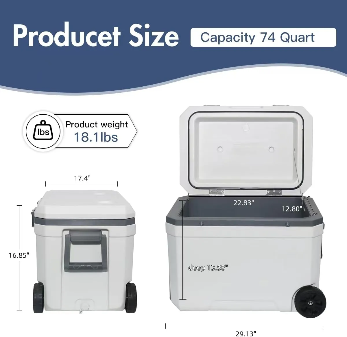 Ultra-Light Wheelded Cooler Insulated Portable Ice Chest 47.5 Quarts for Beach, Beverage, Camping, Beverage, Picnic, Fishing, Boat, Barbecue, 30% Lighter Than Romolded Colers