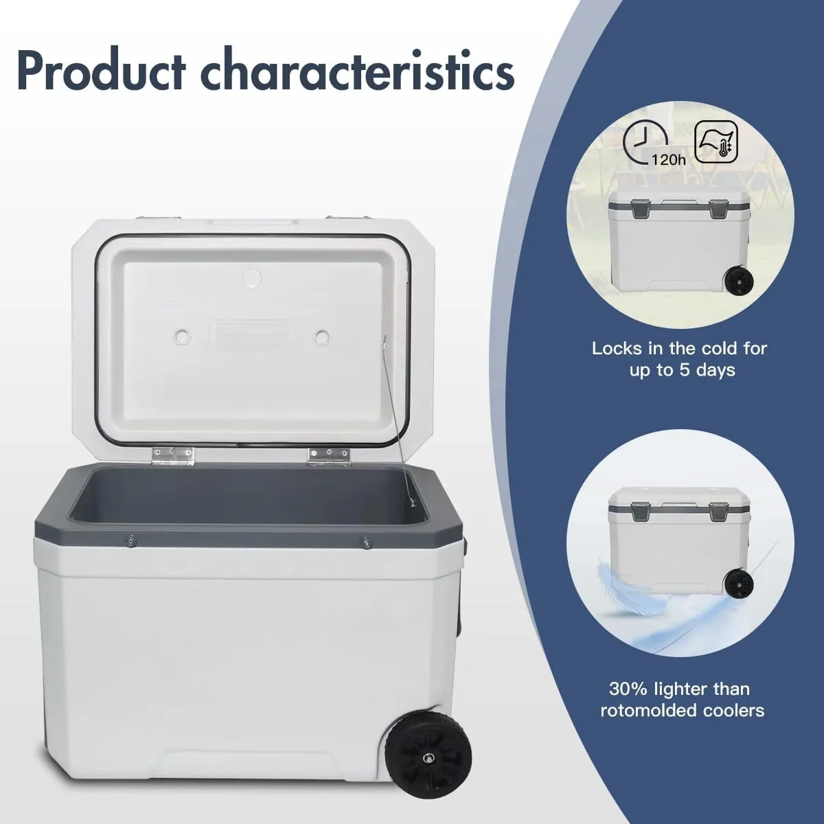 Ultra-Light Wheelded Cooler Insulated Portable Ice Chest 47.5 Quarts for Beach, Beverage, Camping, Beverage, Picnic, Fishing, Boat, Barbecue, 30% Lighter Than Romolded Colers