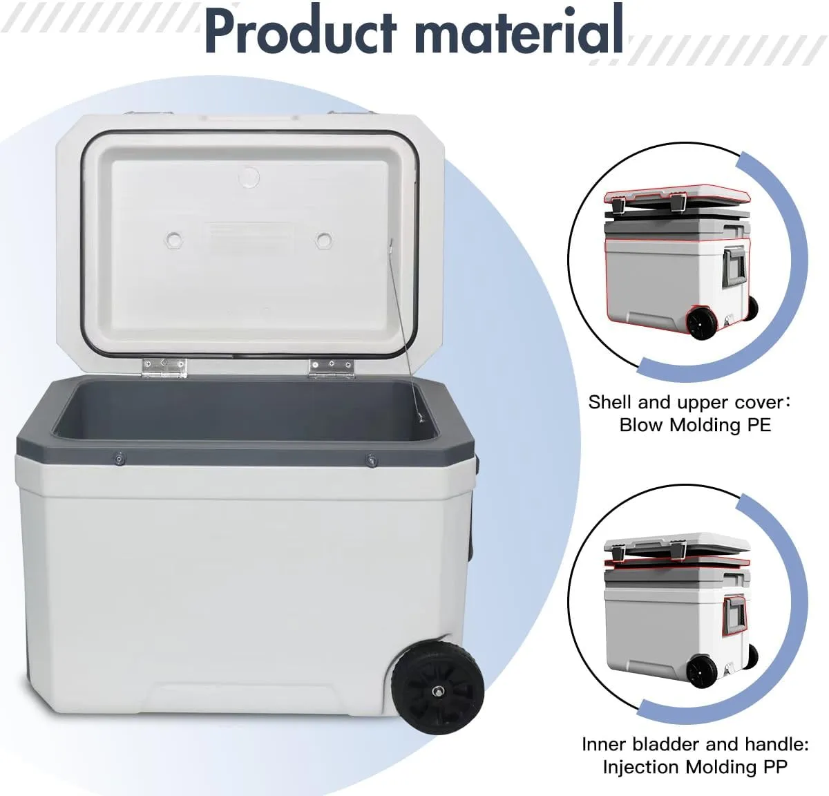 Ultra-Light Wheelded Cooler Insulated Portable Ice Chest 47.5 Quarts for Beach, Beverage, Camping, Beverage, Picnic, Fishing, Boat, Barbecue, 30% Lighter Than Romolded Colers