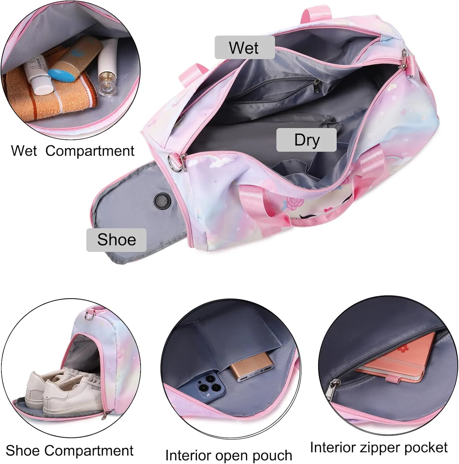 Unicorn Dance Bag for Girls Travel Duffel Bags Girls Sports Gym Bag Overnight Ballet Dance Bag with Shoe Compartment and Wet Compartment（Pink）
