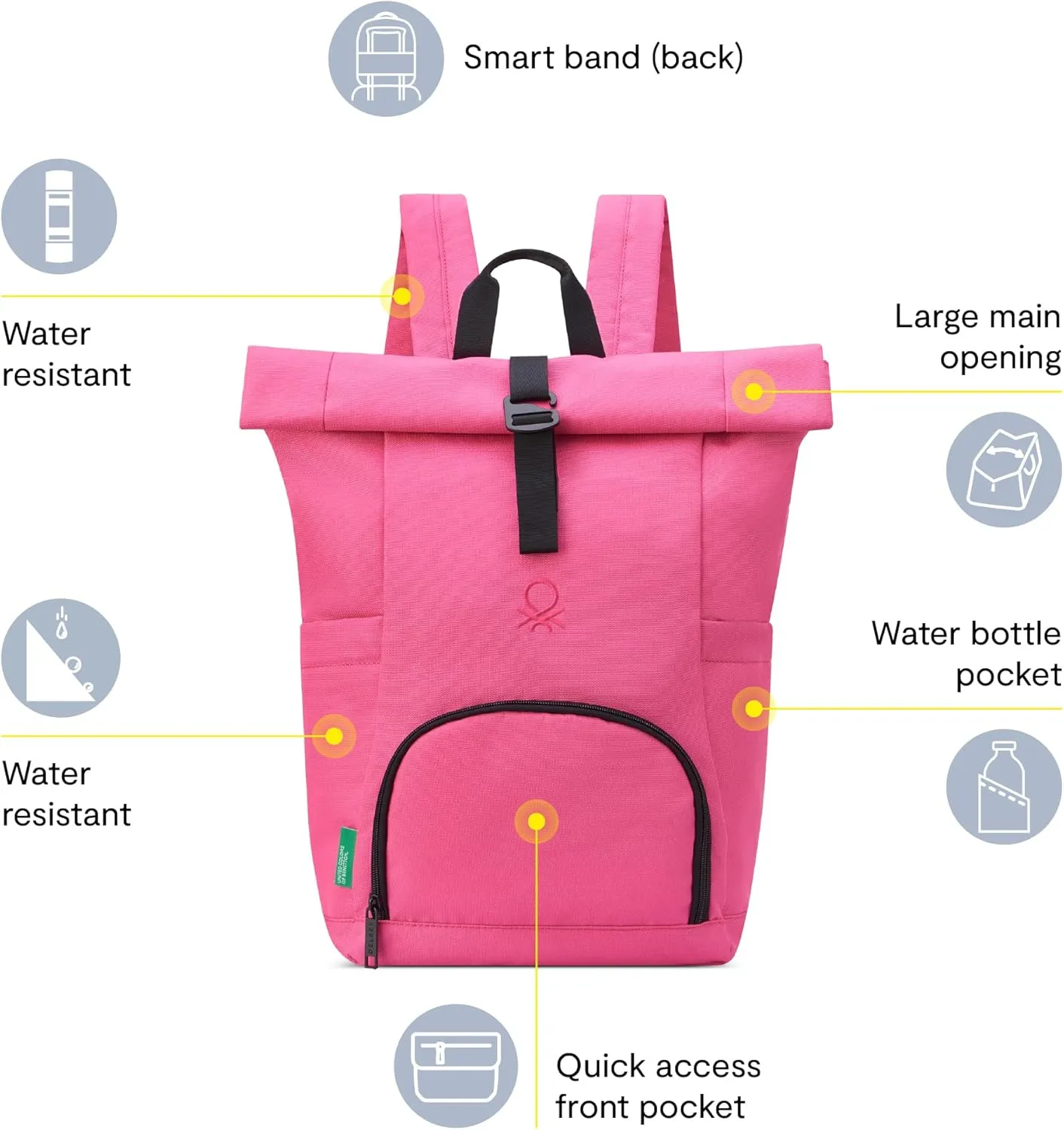United Colors of Benetton Be Rolltop Backpack, Pink, 15.6 Inch Laptop Sleeve