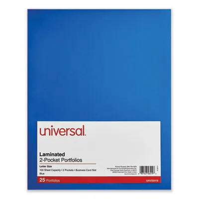 Universal® Laminated Two-Pocket Folder, Cardboard Paper, 100-Sheet Capacity, 11 X 8.5, Blue, 25/box