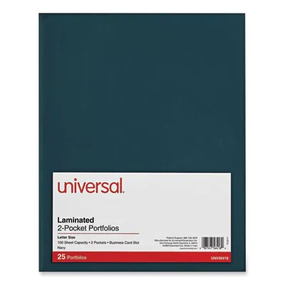 Universal® Laminated Two-Pocket Folder, Cardboard Paper, 100-Sheet Capacity, 11 X 8.5, Navy, 25/box