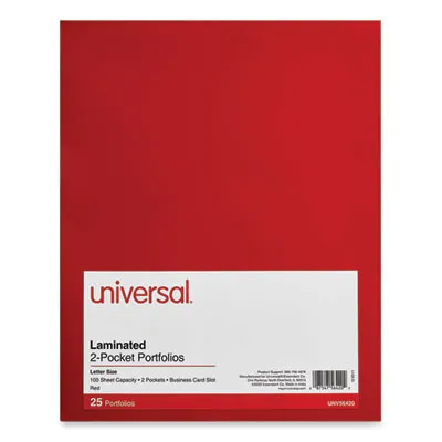 Universal® Laminated Two-Pocket Folder, Cardboard Paper, 100-Sheet Capacity, 11 X 8.5, Red, 25/box
