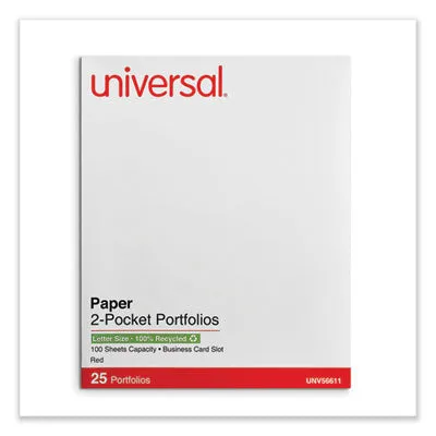Universal® Two-Pocket Portfolio, Embossed Leather Grain Paper, 11 X 8.5, Red, 25/box