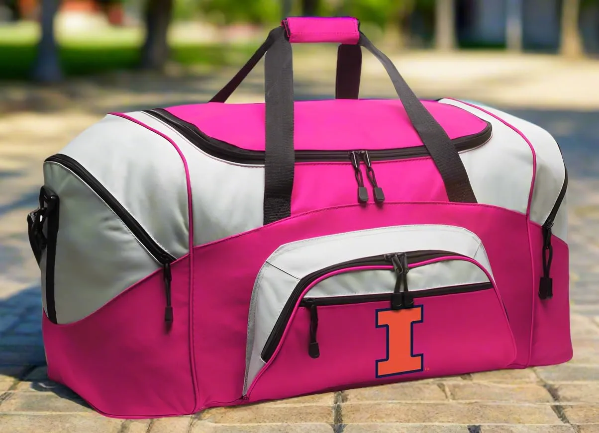 University of Illinois Duffel Bag LARGE Illini Suitcase or Gym Bag for Men Ladies Him or Her! (Pink)