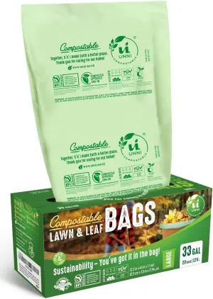 UNNI Compostable Lawn & Leaf Liner Bags, 30-33 Gallon, 124 Liter, 1.1 Mil Extra Thick, 20 Count, Yard Waste & Food Scraps Disposal, ASTM D6400, BPI, CMA & OK compost HOME Certified, San Francisco
