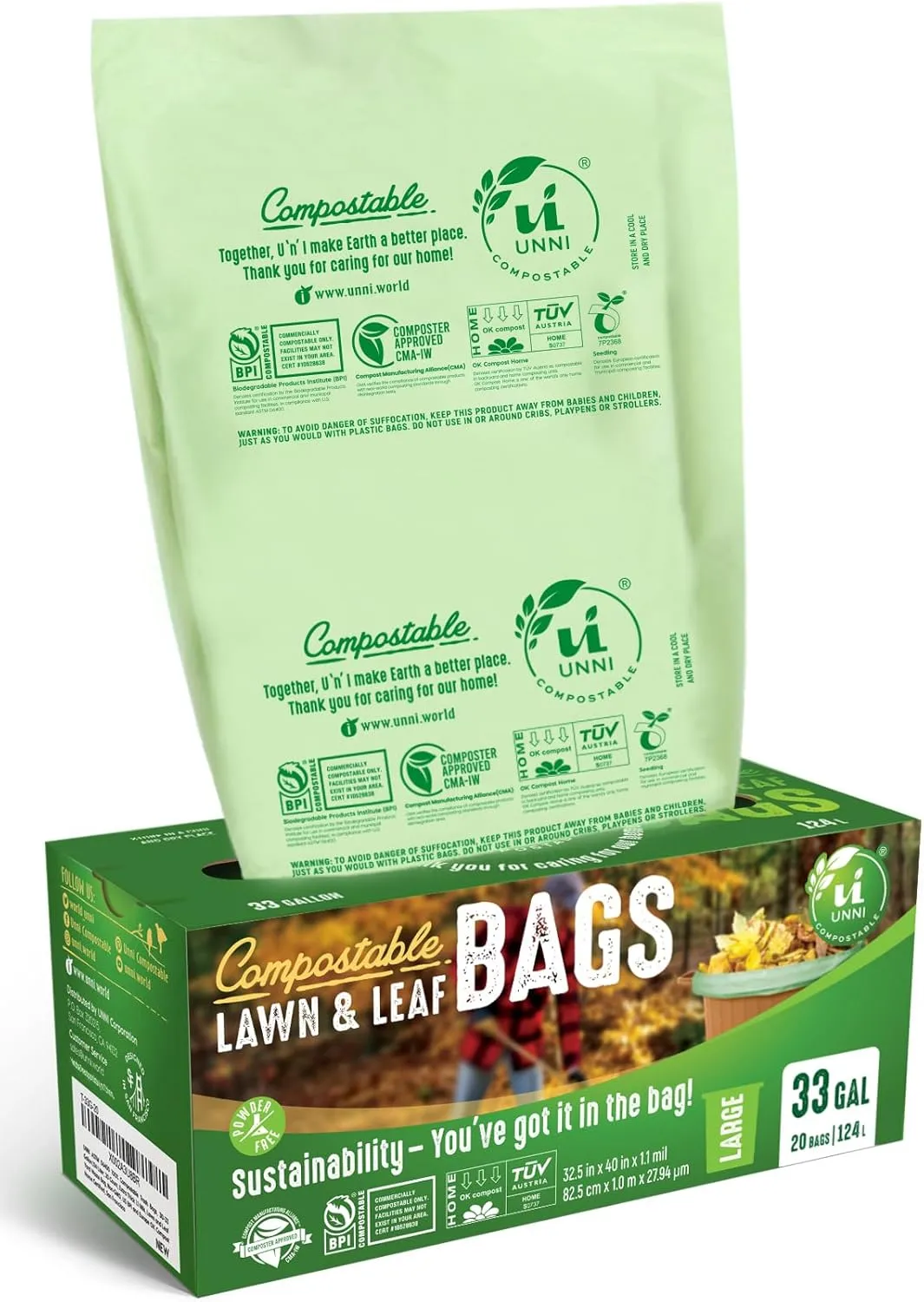 UNNI Compostable Lawn & Leaf Liner Bags, 30-33 Gallon, 124 Liter, 1.1 Mil Extra Thick, 20 Count, Yard Waste & Food Scraps Disposal, ASTM D6400, BPI, CMA & OK compost HOME Certified, San Francisco