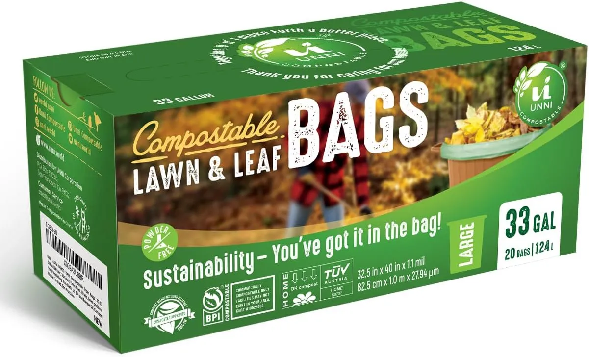 UNNI Compostable Lawn & Leaf Liner Bags, 30-33 Gallon, 124 Liter, 1.1 Mil Extra Thick, 20 Count, Yard Waste & Food Scraps Disposal, ASTM D6400, BPI, CMA & OK compost HOME Certified, San Francisco