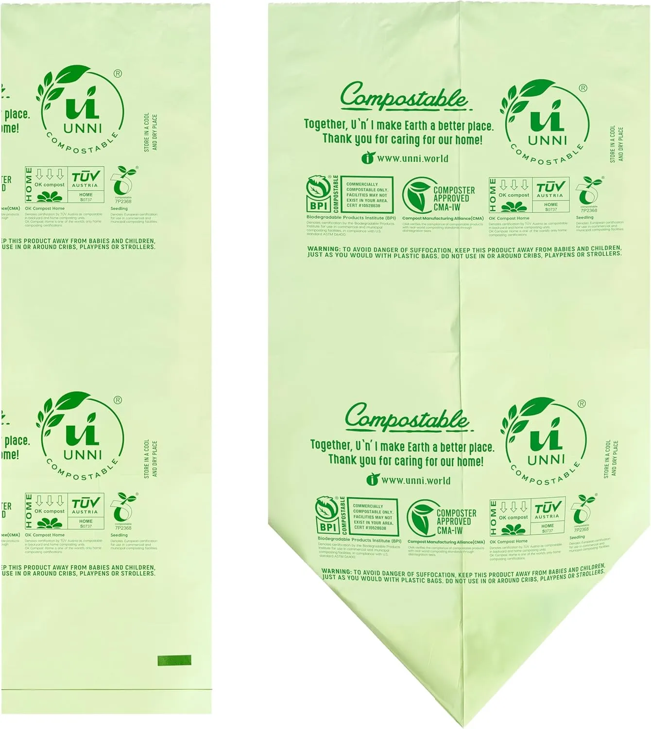 UNNI Compostable Liner Bags, 13 Gallon, 49.2 Liter, 50 Count, Heavy Duty 0.9 Mil, Tall Kitchen Food Scrap Waste Bags, ASTM D6400, US BPI, CMA and Europe OK compost HOME Certified, San Francisco