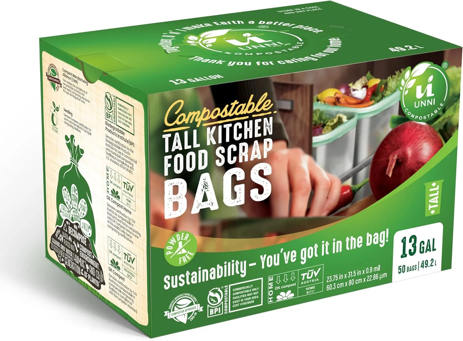 UNNI Compostable Liner Bags, 13 Gallon, 49.2 Liter, 50 Count, Heavy Duty 0.9 Mil, Tall Kitchen Food Scrap Waste Bags, ASTM D6400, US BPI, CMA and Europe OK compost HOME Certified, San Francisco