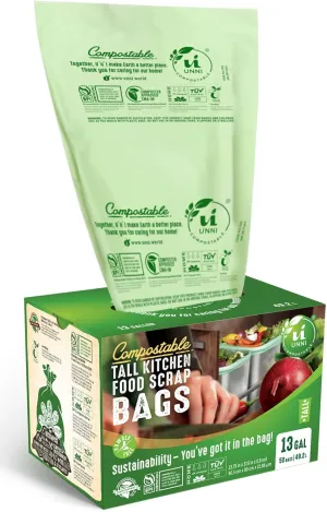 UNNI Compostable Liner Bags, 13 Gallon, 49.2 Liter, 50 Count, Heavy Duty 0.9 Mil, Tall Kitchen Food Scrap Waste Bags, ASTM D6400, US BPI, CMA and Europe OK compost HOME Certified, San Francisco