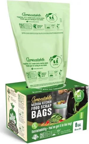 UNNI Compostable Liner Bags, 6-8 Gallon, 30 Liter, 100 Count, 0.85 Mil Heavy Duty, Food Scrap Bags for Medium Bins, ASTM D6400, US BPI, CMA and Europe OK compost HOME Certified, San Francisco
