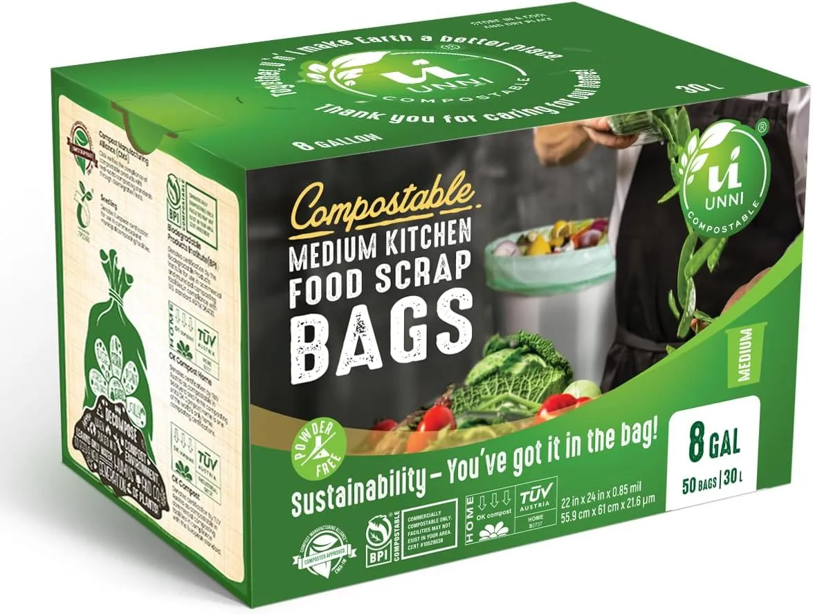 UNNI Compostable Liner Bags, 6-8 Gallon, 30 Liter, 100 Count, 0.85 Mil Heavy Duty, Food Scrap Bags for Medium Bins, ASTM D6400, US BPI, CMA and Europe OK compost HOME Certified, San Francisco