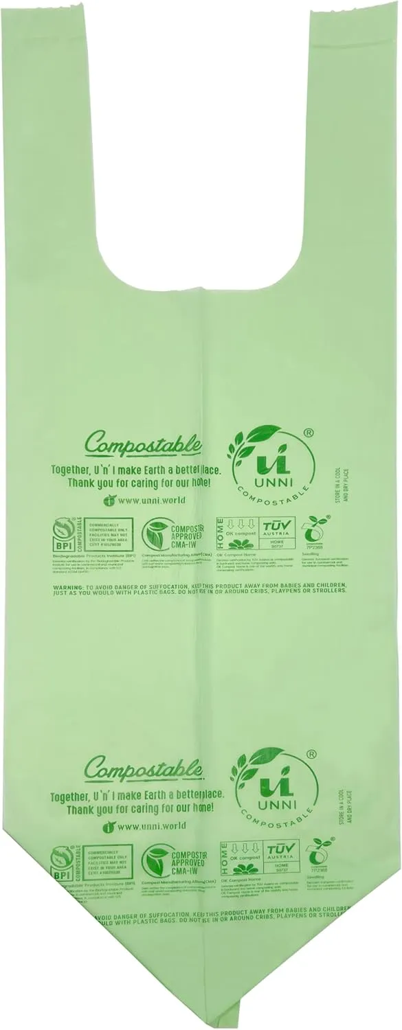 UNNI Compostable T-Shirt Bags with Handle-Tie, 2.6 Gallon, 9.84 Liter, 200 Count, 0.68 Mil, Small Kitchen Food Scrap Waste Bags, ASTM D6400, US BPI, CMA and OK compost HOME Certified, San Francisco