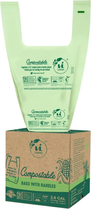 UNNI Compostable T-Shirt Bags with Handle-Tie, 2.6 Gallon, 9.84 Liter, 200 Count, 0.68 Mil, Small Kitchen Food Scrap Waste Bags, ASTM D6400, US BPI, CMA and OK compost HOME Certified, San Francisco