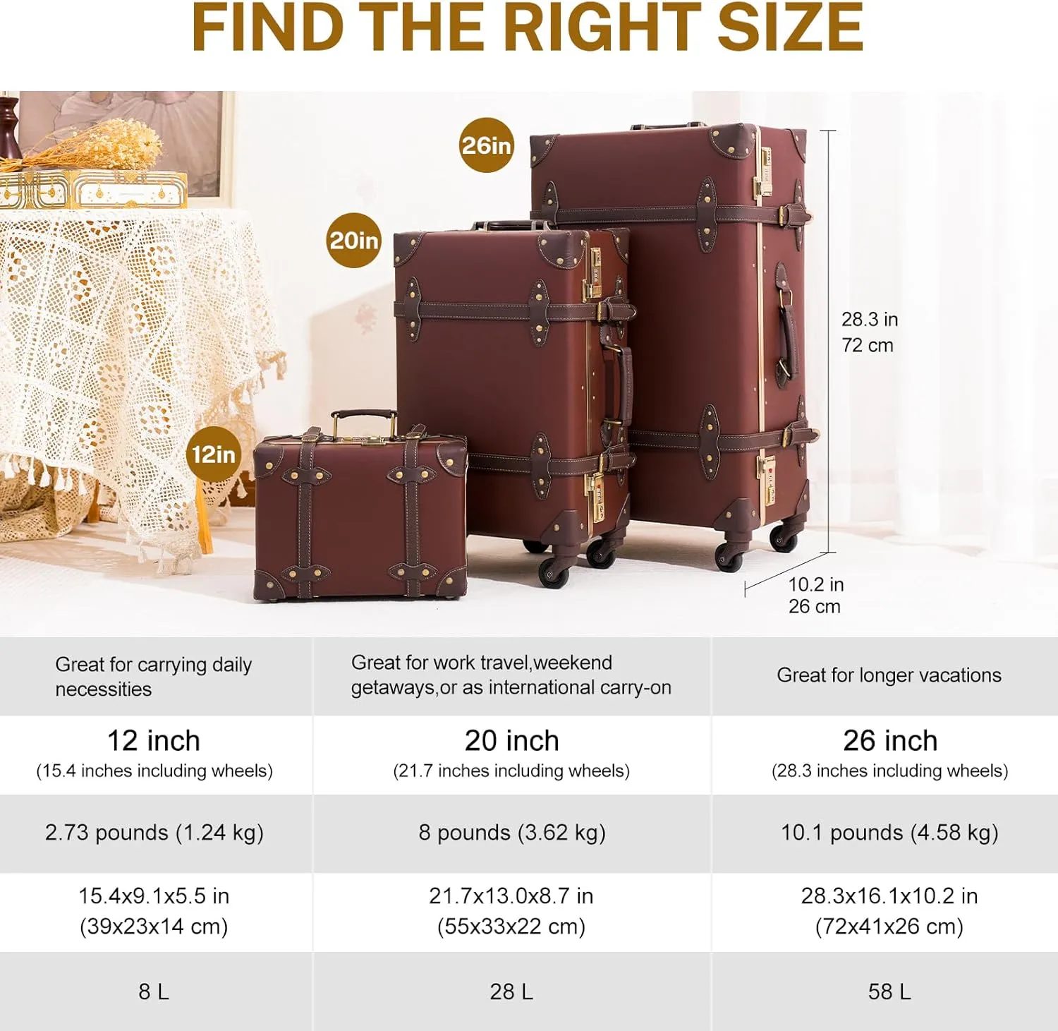 urecity Vintage Luggage Sets of 3 Piece - Hardside Lightweight Spinner Suitcases - Retro Travel Set includes Under Seat Train Case, 26" 20" 12" (Caramel Brown)