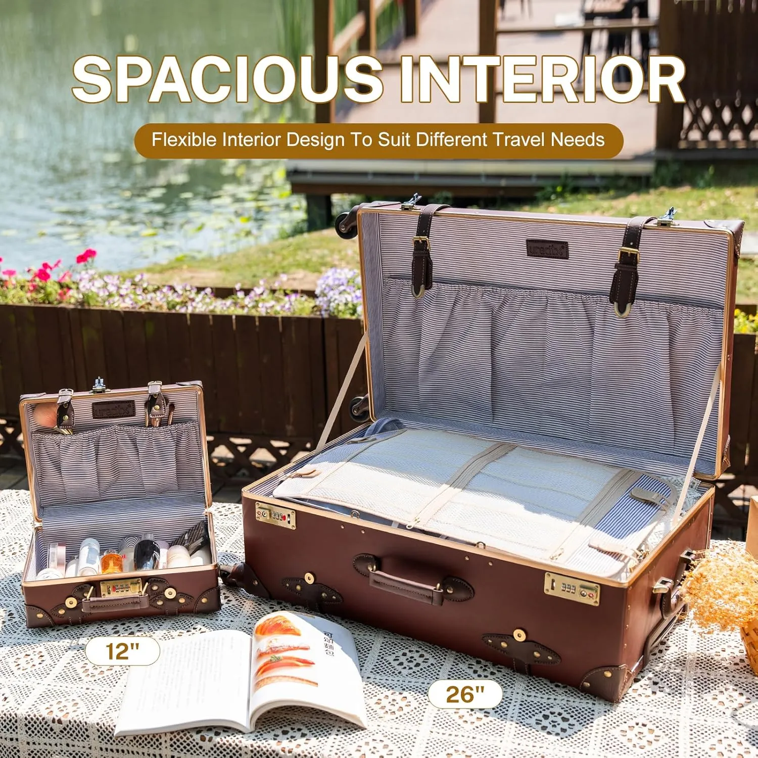 urecity Vintage Luggage Sets of 3 Piece - Hardside Lightweight Spinner Suitcases - Retro Travel Set includes Under Seat Train Case, 26" 20" 12" (Caramel Brown)