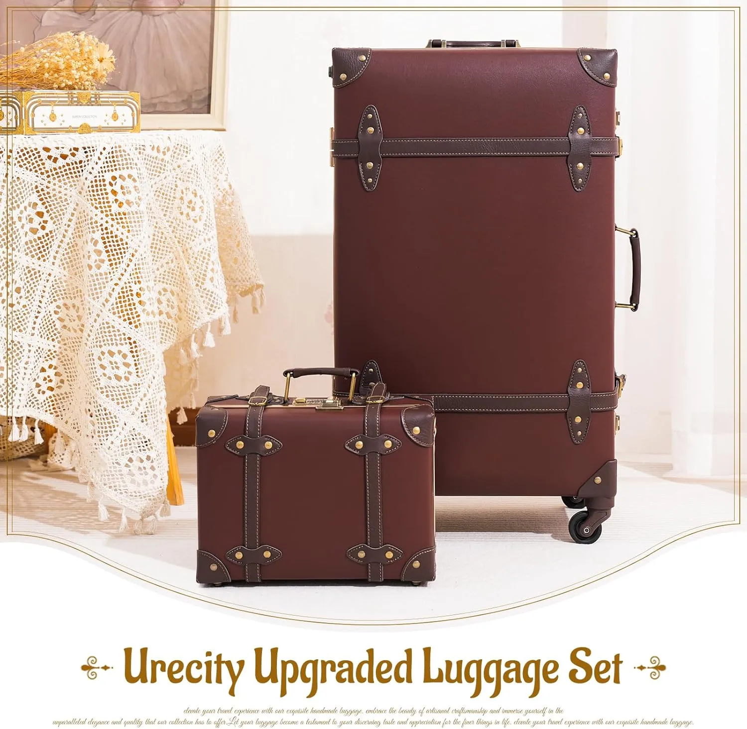 urecity Vintage Luggage Sets of 3 Piece - Hardside Lightweight Spinner Suitcases - Retro Travel Set includes Under Seat Train Case, 26" 20" 12" (Caramel Brown)