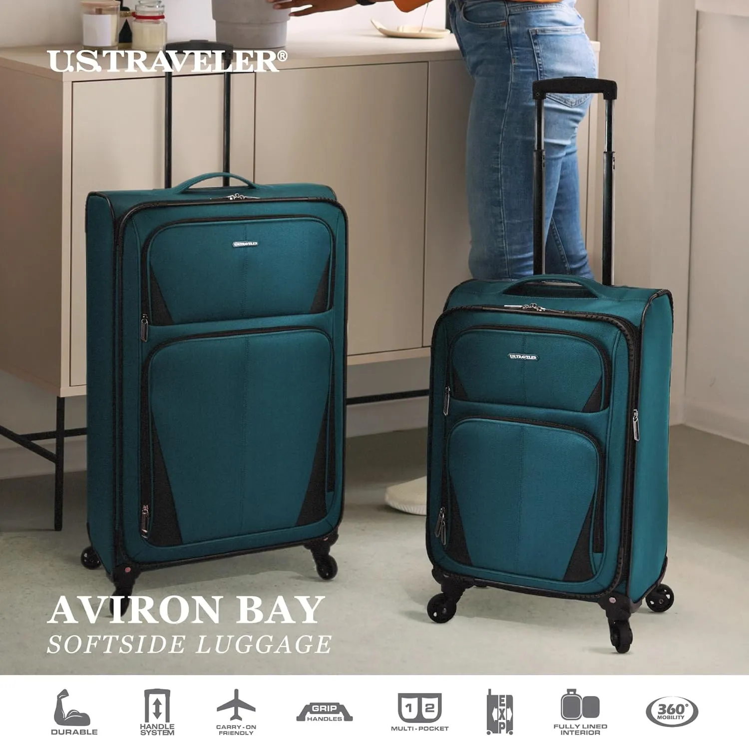 U.S. Traveler Aviron Bay Expandable Softside Luggage with Spinner Wheels, Black, 30-Inch