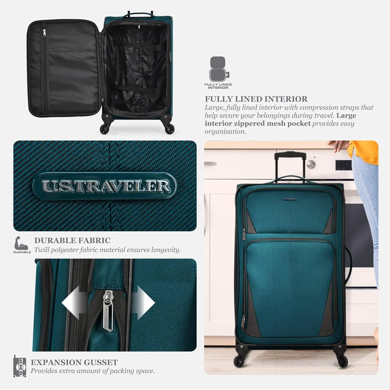 U.S. Traveler Aviron Bay Expandable Softside Luggage with Spinner Wheels, Black, 30-Inch