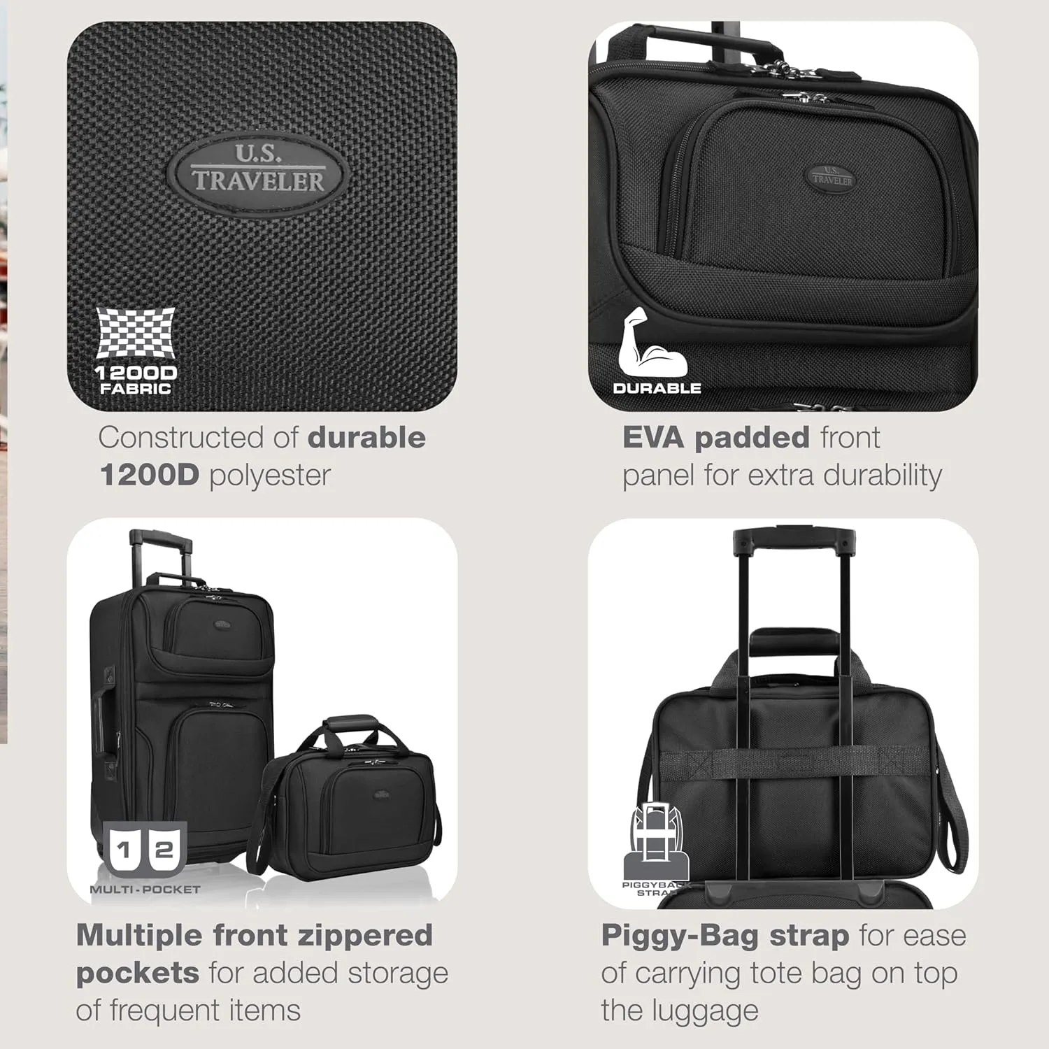 U.S. Traveler Lightweight Rolling 20" Carry On Luggage Softside Suitcase, Noir, 2 Wheel-2 Piece