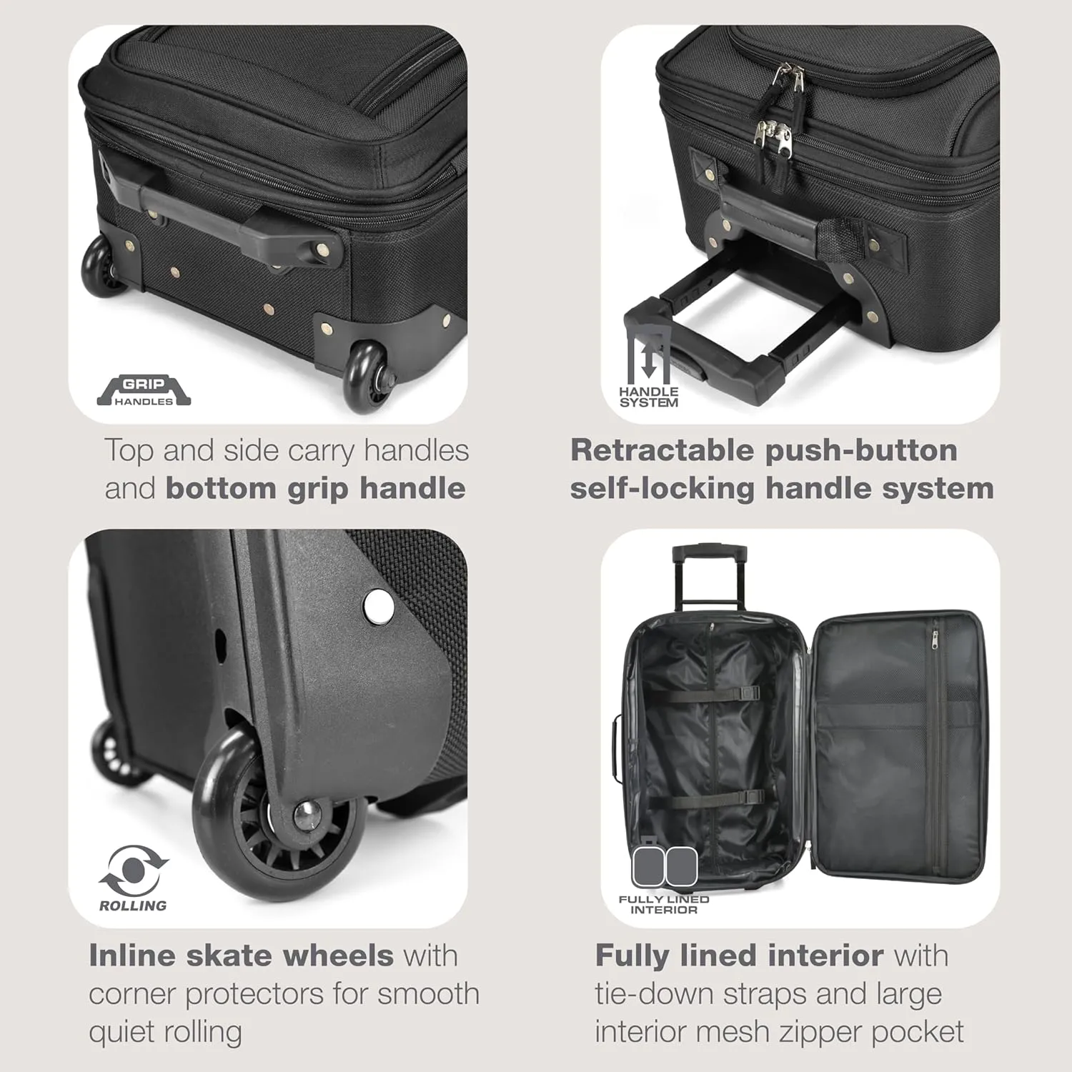 U.S. Traveler Lightweight Rolling 20" Carry On Luggage Softside Suitcase, Noir, 2 Wheel-2 Piece