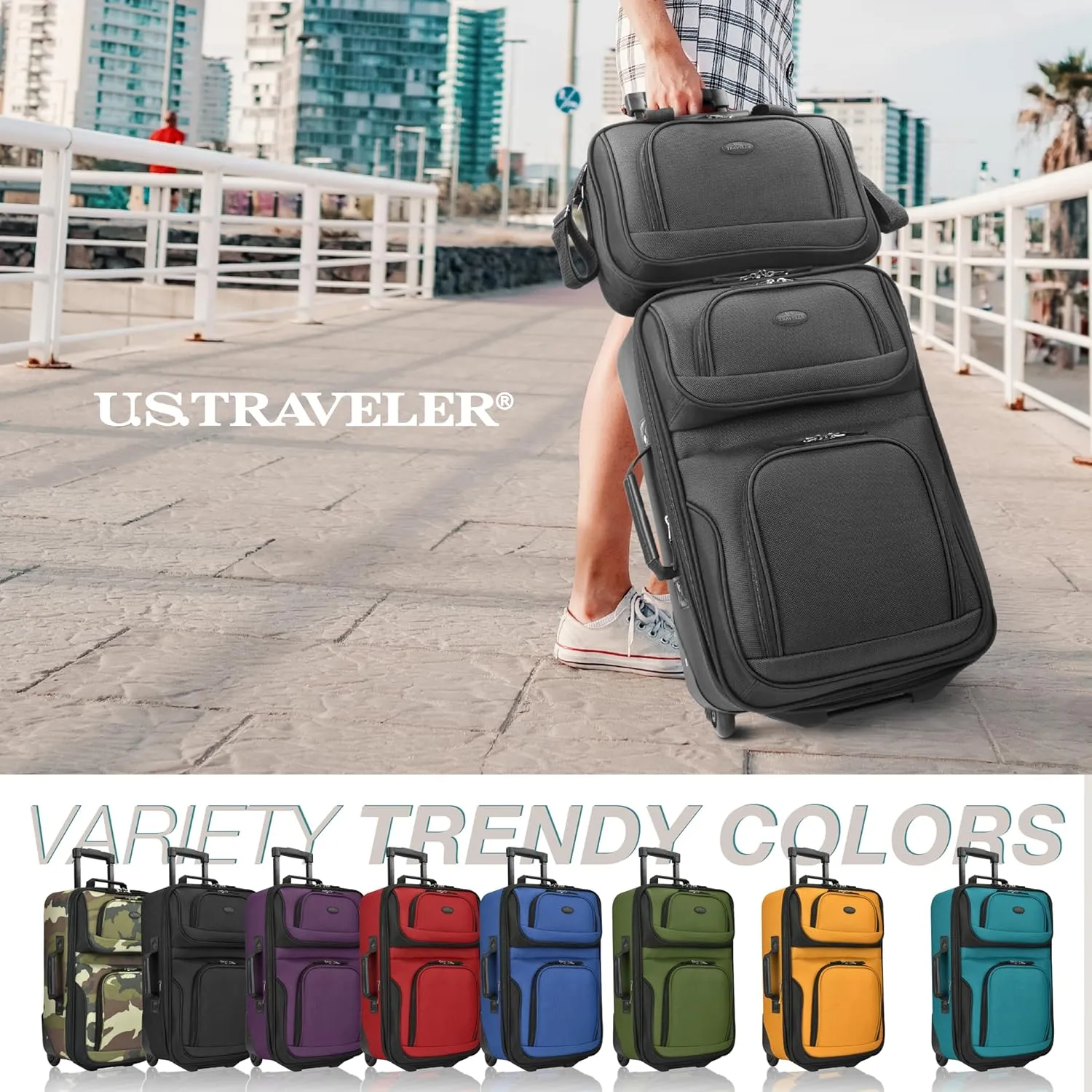 U.S. Traveler Lightweight Rolling 20" Carry On Luggage Softside Suitcase, Noir, 2 Wheel-2 Piece